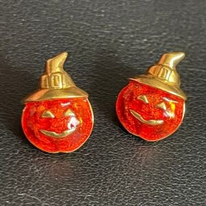 Vintage AVON Halloween Earrings Pumpkin JackOLantern Witch Hat Stud Orange Gold